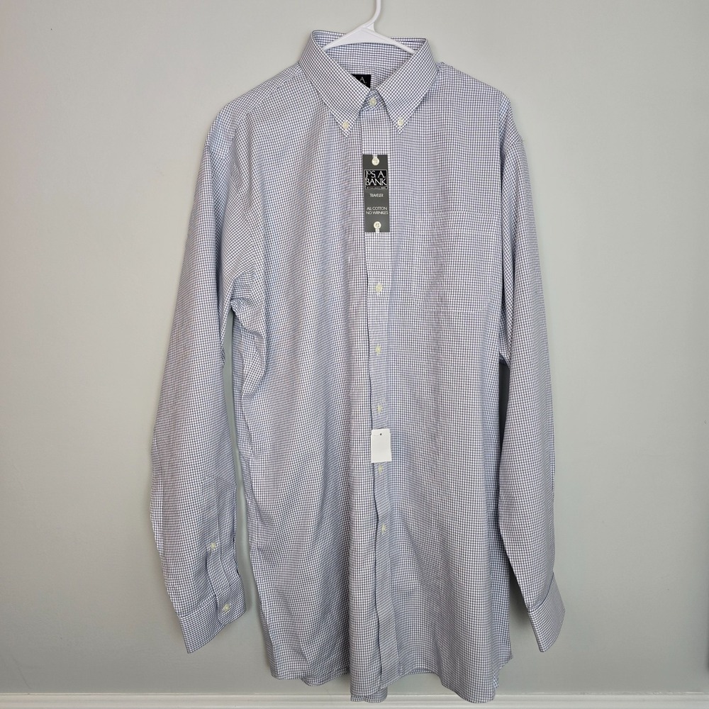 NWT Jos A Bank Mens Blue Check Traveler Button Down Shirt 16.5 37 Business Dress